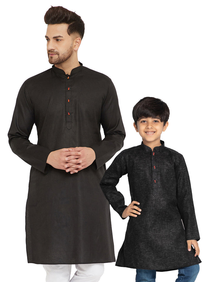 Vastramay Black Color Baap Beta Kurta Set for Father and Son standing together in traditional Indian attire 