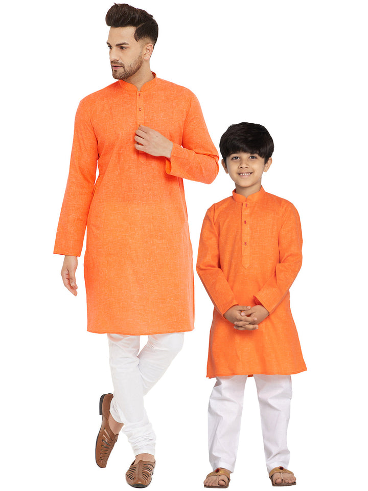 Vastramay Orange And White Baap Beta Kurta And Pyjama Set