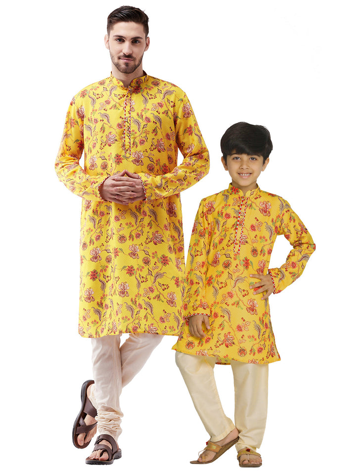 Vastramay Multicolor-Base-Mustard And Cream Baap Beta Kurta And Pyjama Set