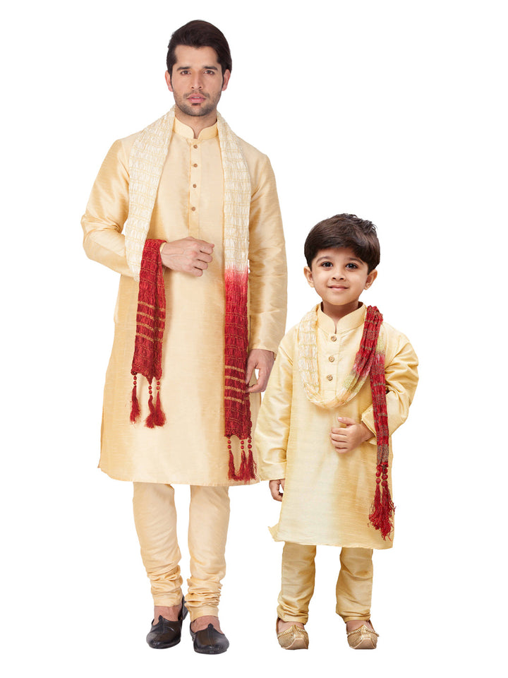 Vastramay Silk Blend Gold Baap Beta Kurta Pyjama And Dupatta Set