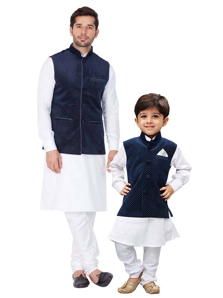 Vastramay Cotton White And Blue Baap Beta Jacket Kurta Pyjama set