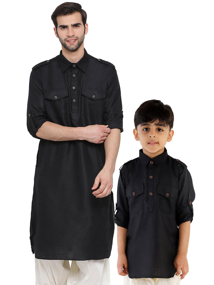 Vastramay Black Cotton Blend Baap Beta Pathani Kurta