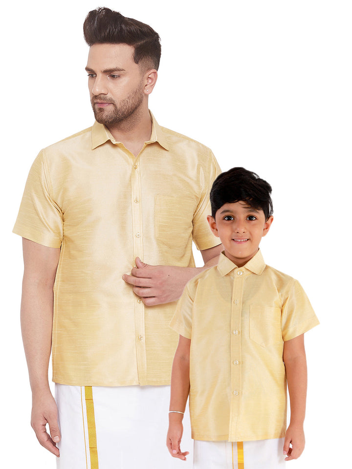 VASTRAMAY Men's & Boys Gold Solid Silk Blend Half Sleeve Ethnic Shirt