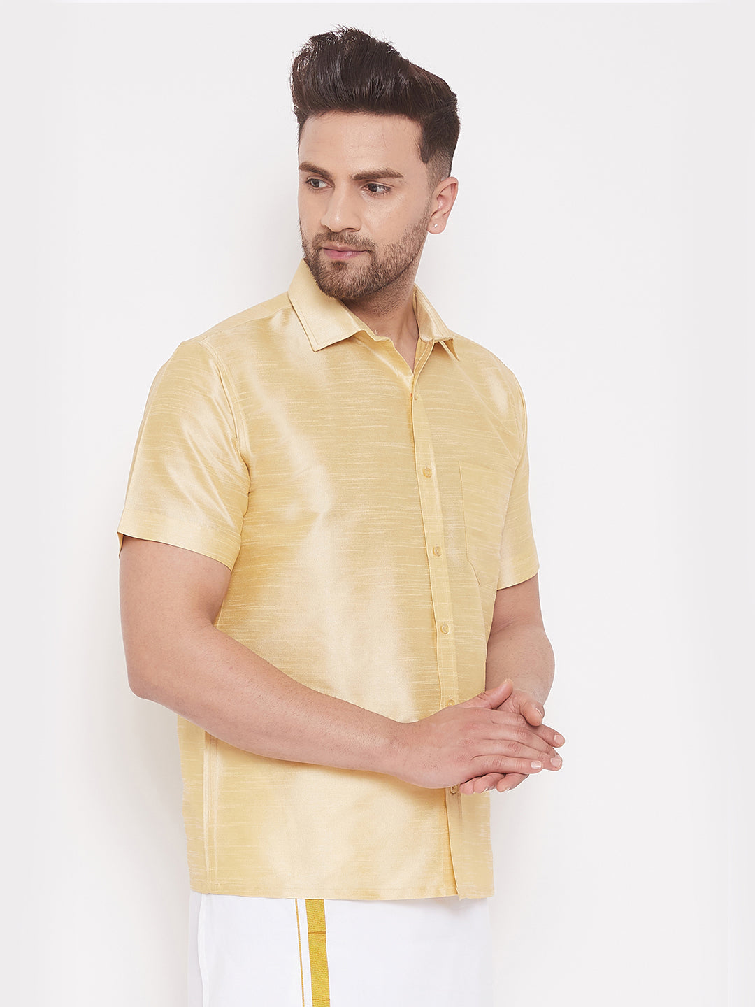 VASTRAMAY Men's & Boys Gold Solid Silk Blend Half Sleeve Ethnic Shirt