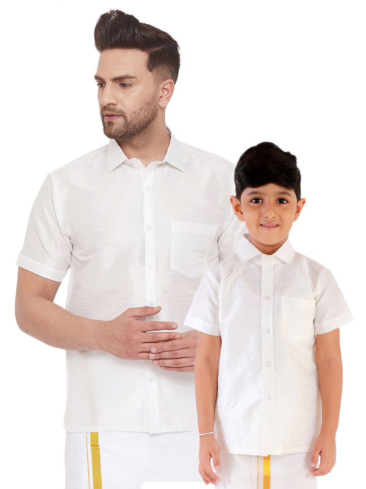 VASTRAMAY Men's & Boys White Solid Silk Blend Half Sleeve Ethnic Shirt