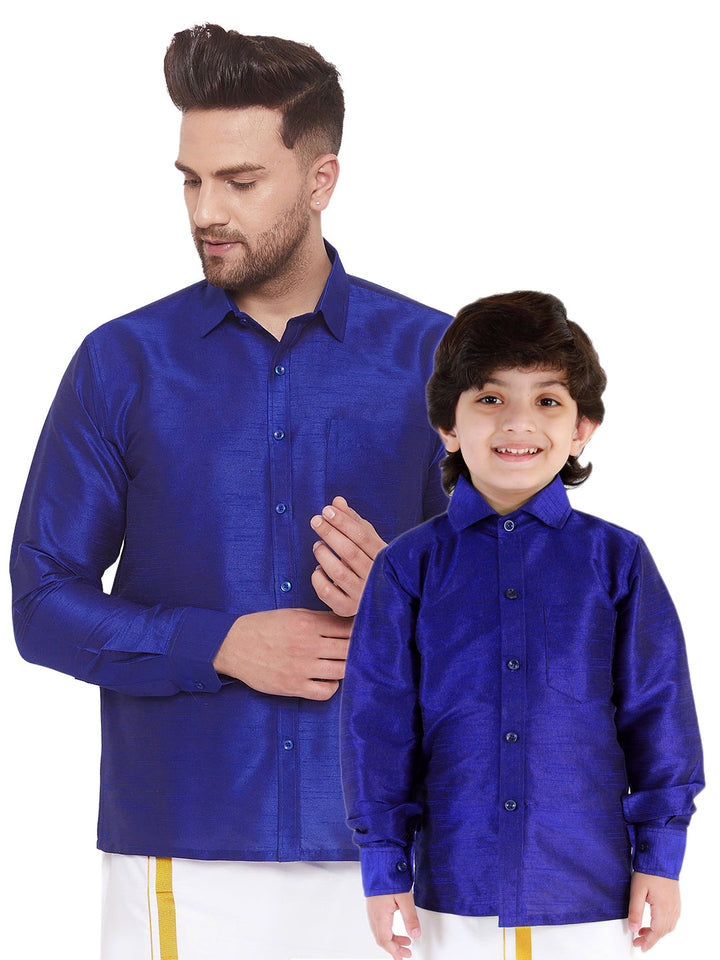 VASTRAMAY Men's & Boys Blue Solid Silk Blend Full Sleeve Ethnic Shirt