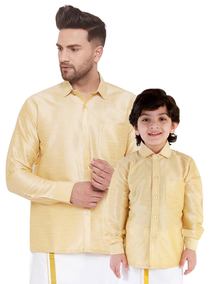 VASTRAMAY Men's & Boys Gold Solid Silk Blend Full Sleeve Ethnic Shirt