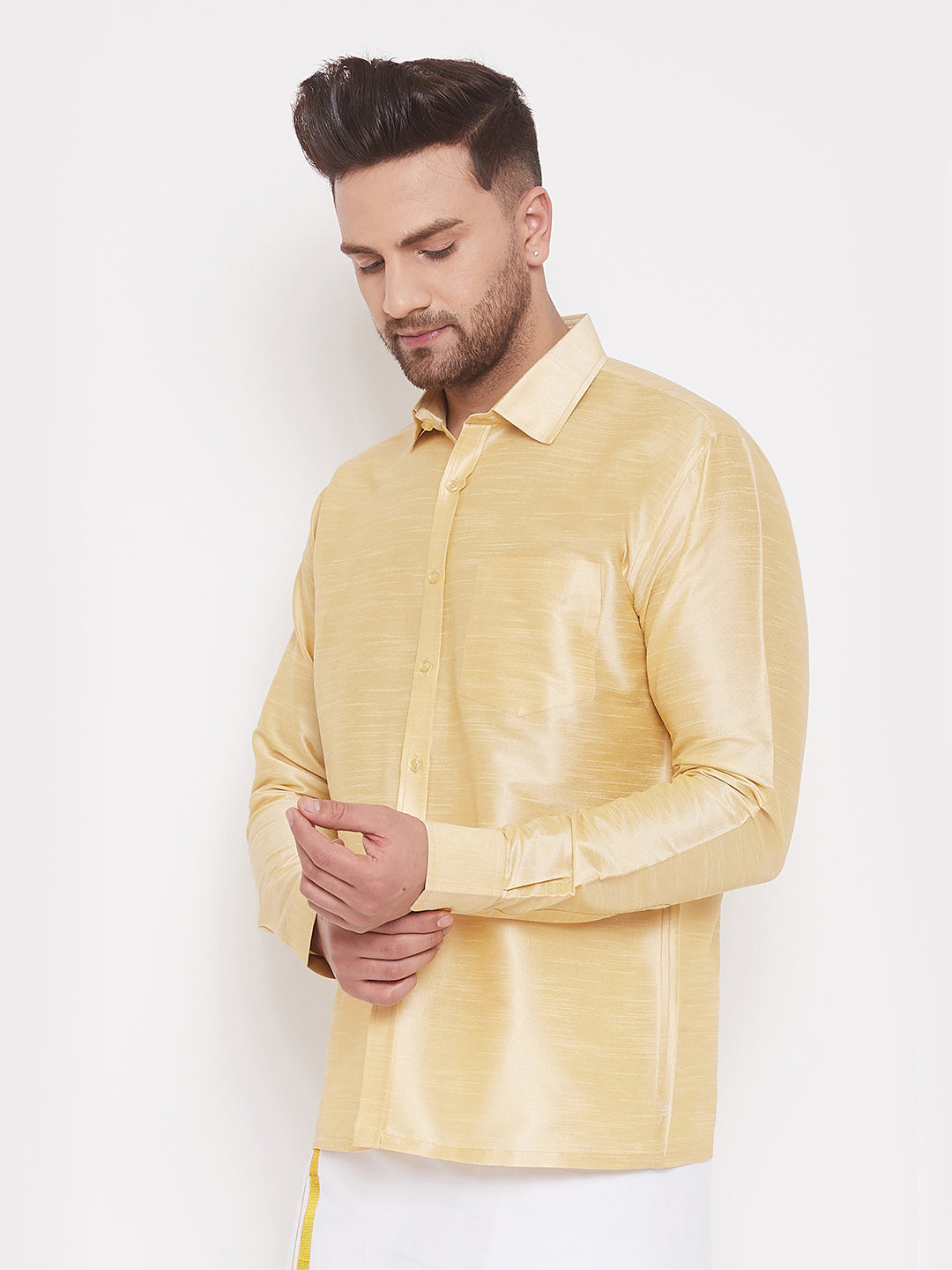 VASTRAMAY Men's & Boys Gold Solid Silk Blend Full Sleeve Ethnic Shirt