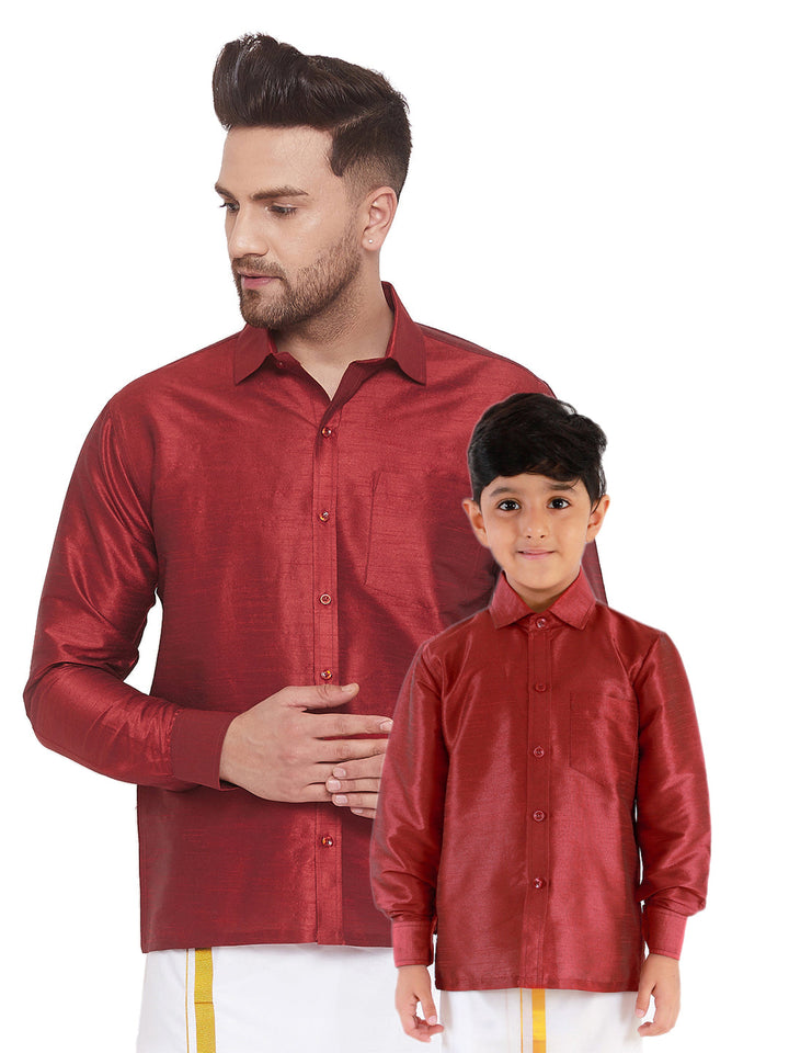 VASTRAMAY Men's & Boys Maroon Solid Silk Blend Full Sleeve Ethnic Shirt