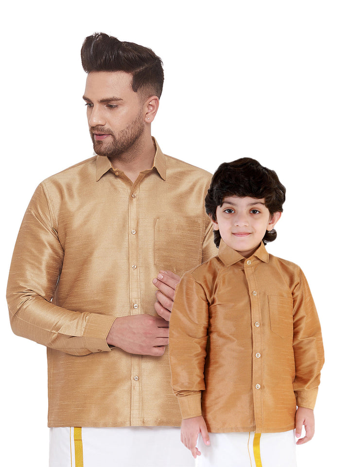 VASTRAMAY Men's & Boys Rose Gold Solid Silk Blend Full Sleeve Ethnic Shirt