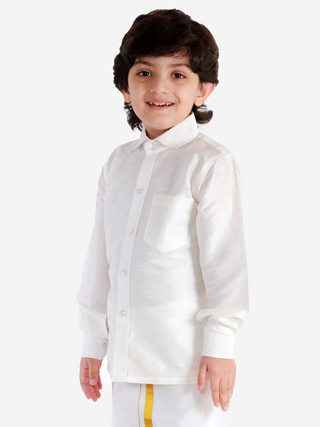 VASTRAMAY Men's & Boys White Solid Silk Blend Full Sleeve Ethnic Shirt