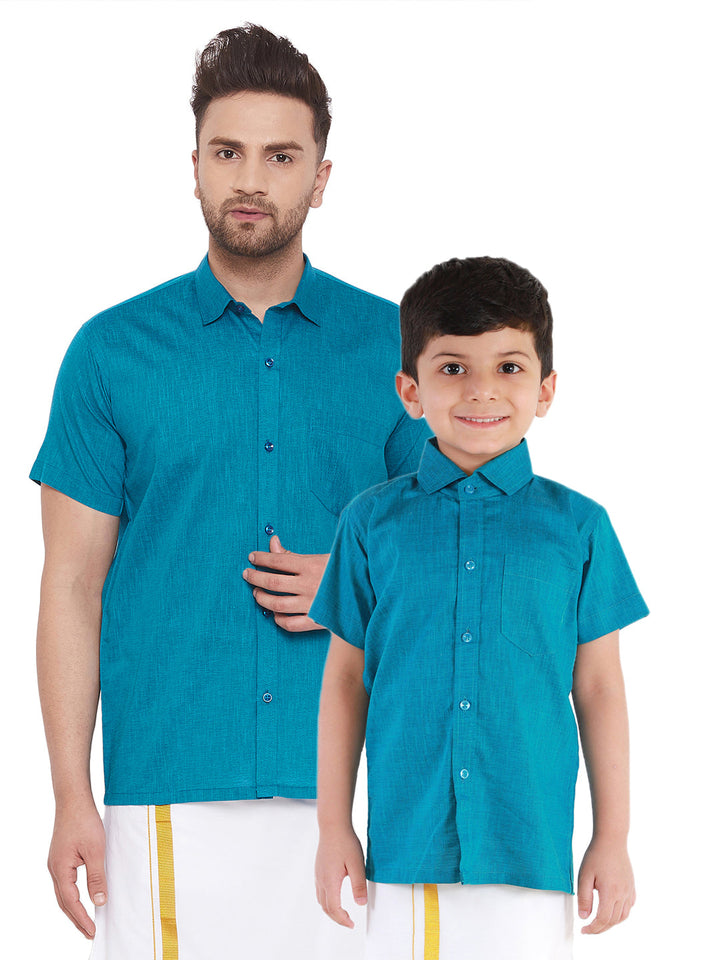 Vastramay Turquoise Cotton Blend Baap Beta Ethnic Shirt