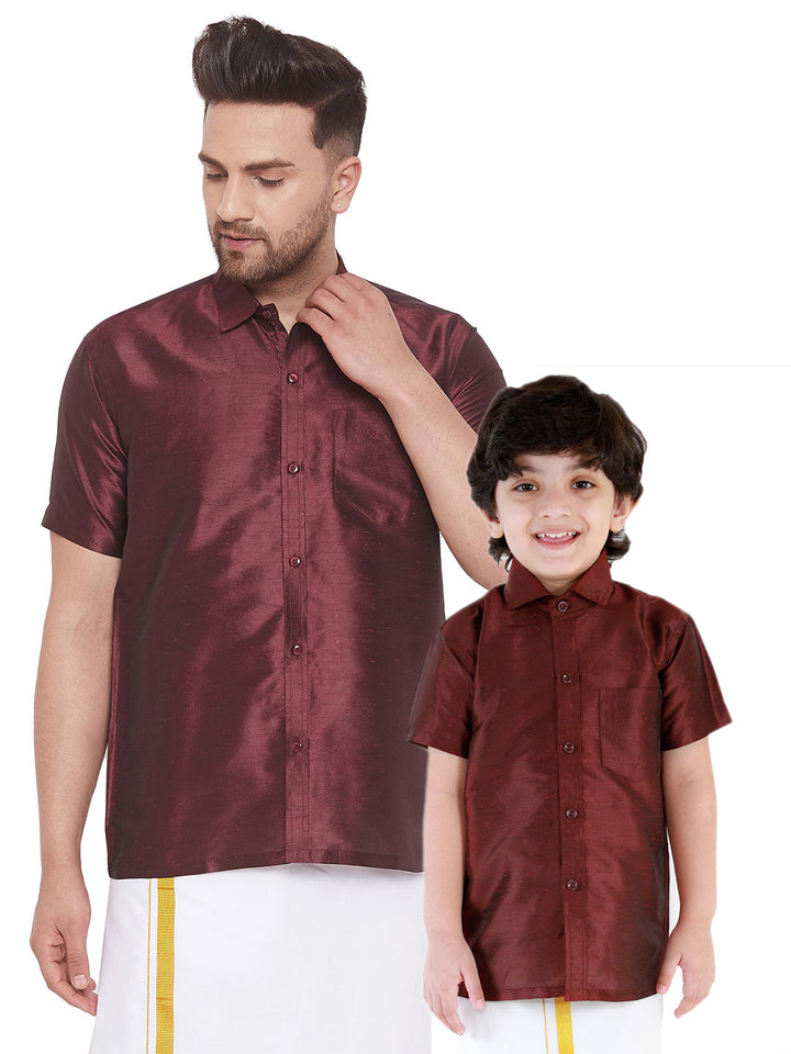 Vastramay Wine Silk Blend Baap Beta Ethnic Shirt Set