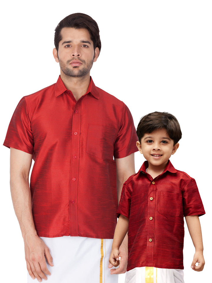 Vastramay Maroon Silk Blend Baap Beta Shirt set