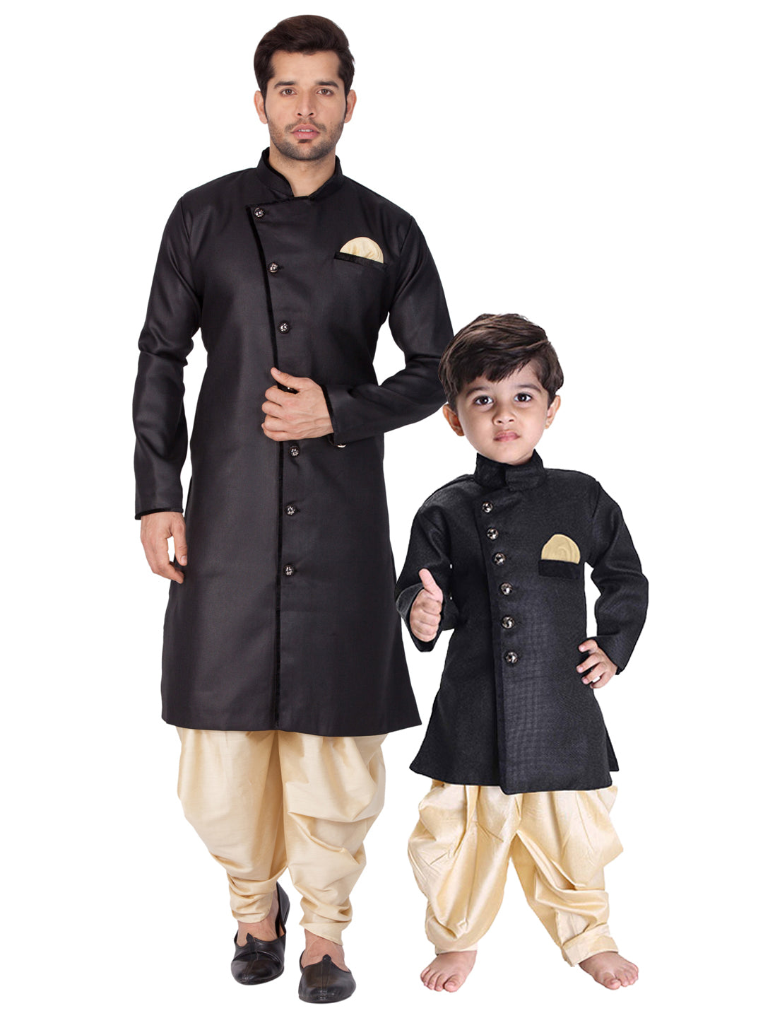 Vastramay Cotton Blend Black Baap Beta Sherwani Set