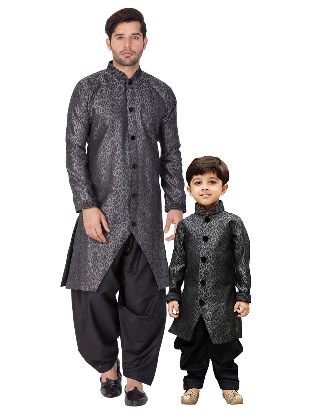 Vastramay Silk Blend Grey Baap Beta Sherwani Set