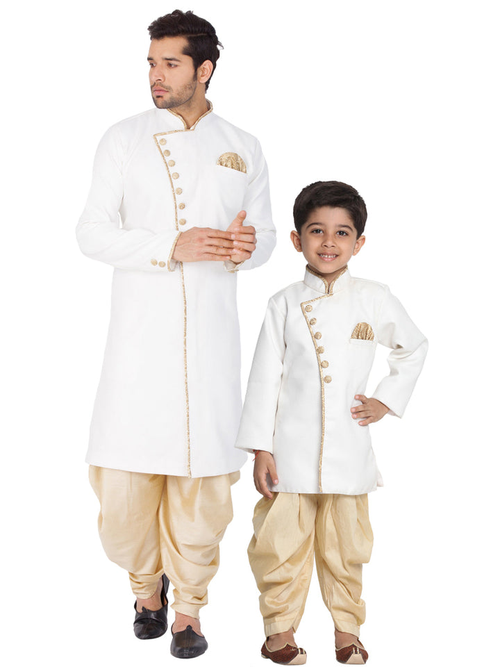 Vastramay Cotton Blend White and Gold Baap Beta Sherwani Set