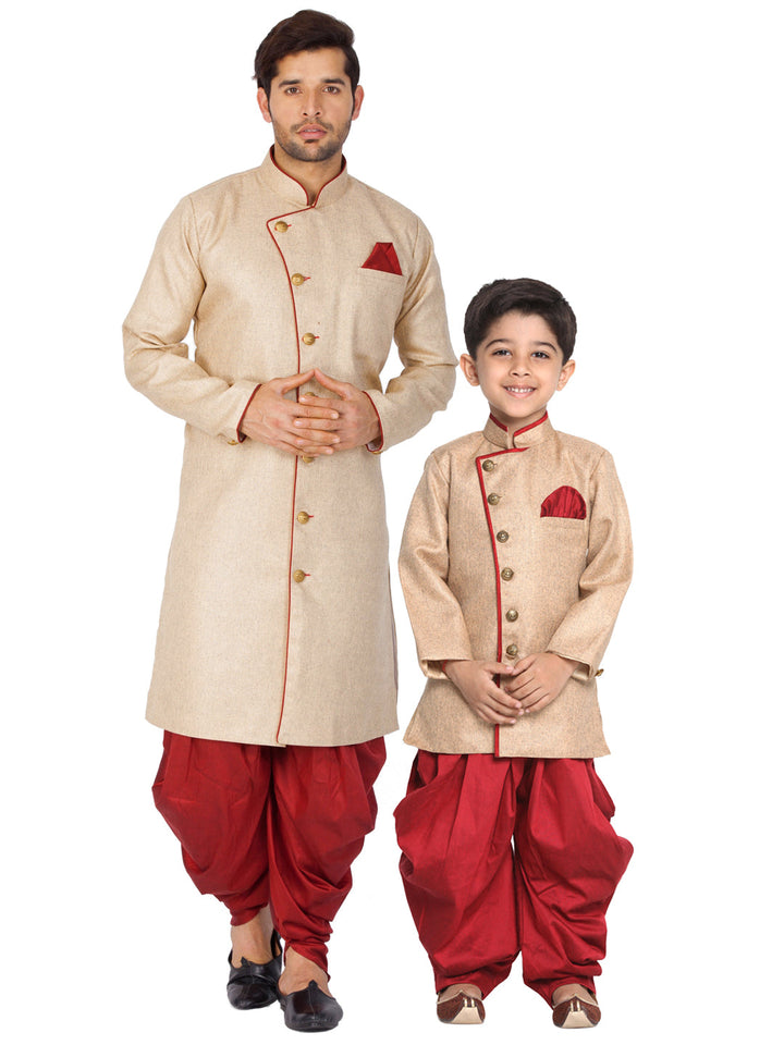 Vastramay Cotton Blend Brown and Maroon Baap Beta Sherwani