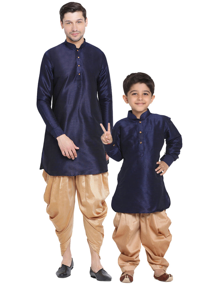 Vastramay Silk Blend Navy Blue And Rose Gold Baap Beta Dhoti Kurta Set