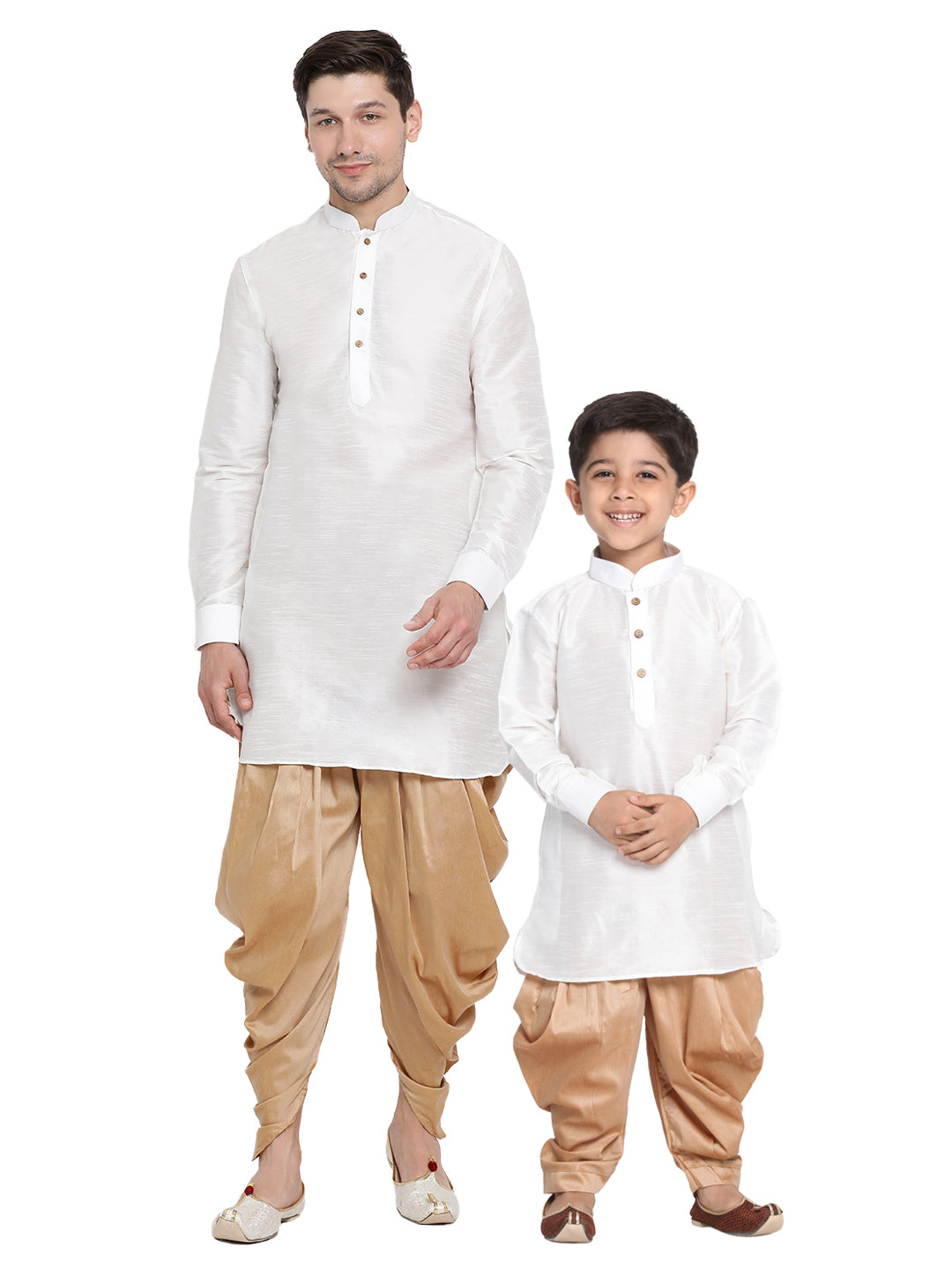 Vastramay Silk Blend White And Rose Gold Baap Beta Dhoti Kurta Set