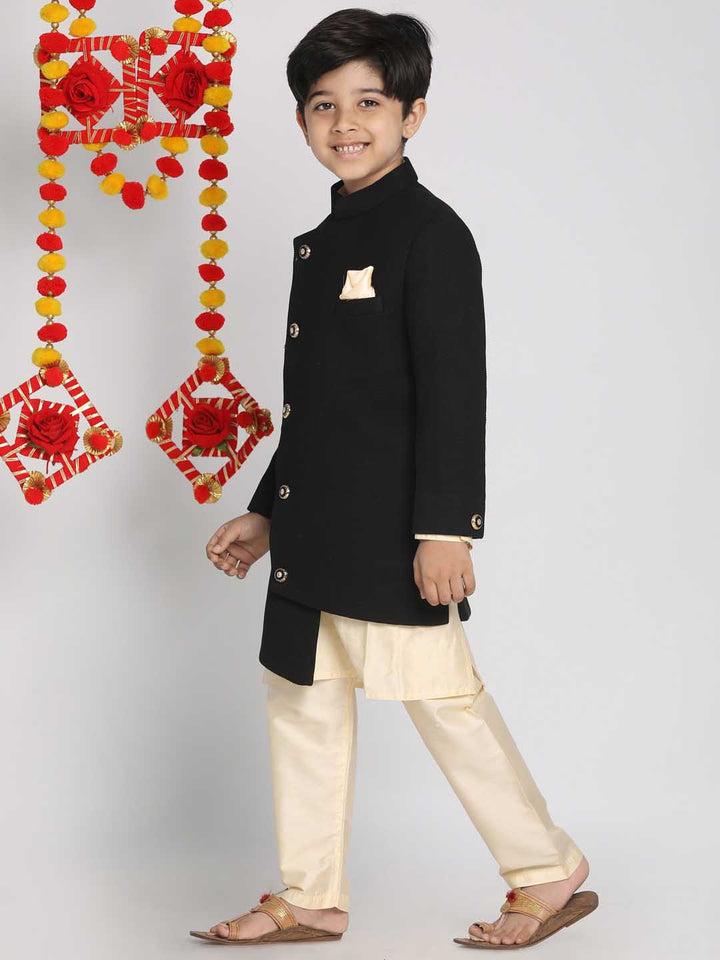 VASTRAMAY Boys Black Indo Western Jacket With Kurta And Pyjama Set