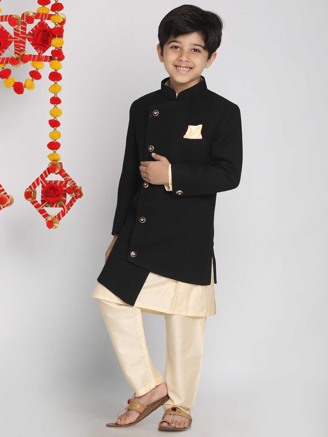 VASTRAMAY Boys Black Indo Western Jacket With Kurta And Pyjama Set