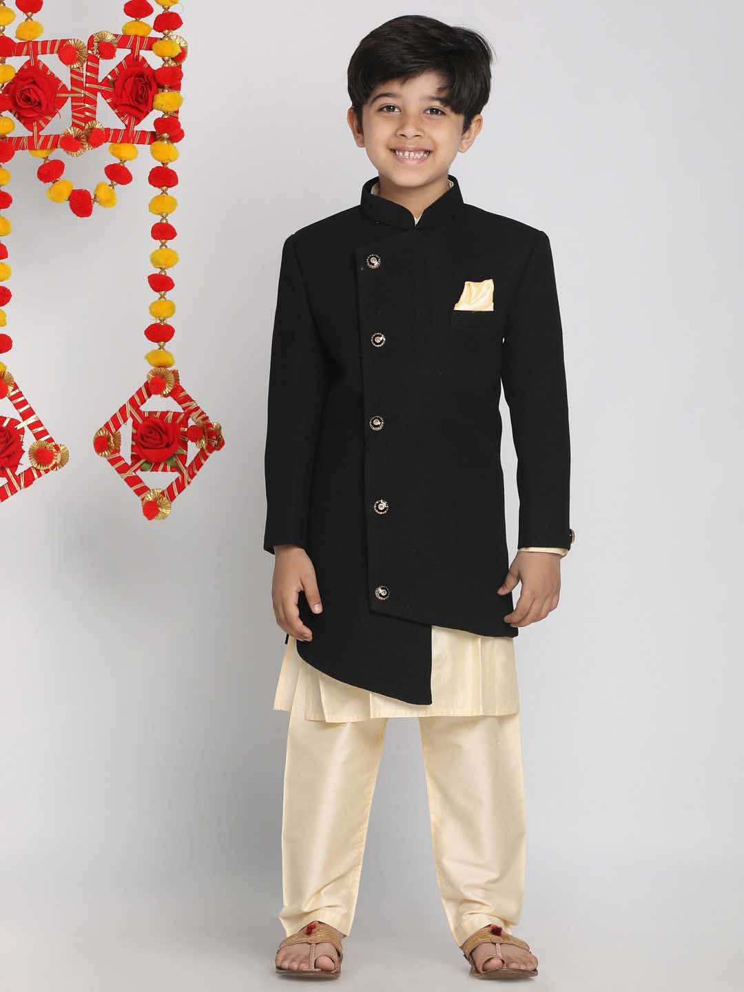 VASTRAMAY Boys Black Indo Western Jacket With Kurta And Pyjama Set