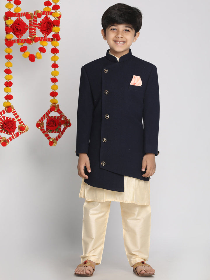 VASTRAMAY Boy's Blue Indo Western Jacket With Kurta And Pyjama Set