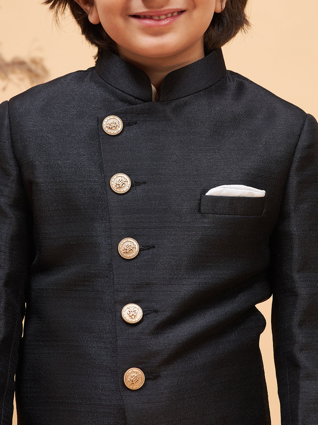 VASTRAMAY Boy's Black Indo Western Jacket With Cream Kurta And Pyjama Set