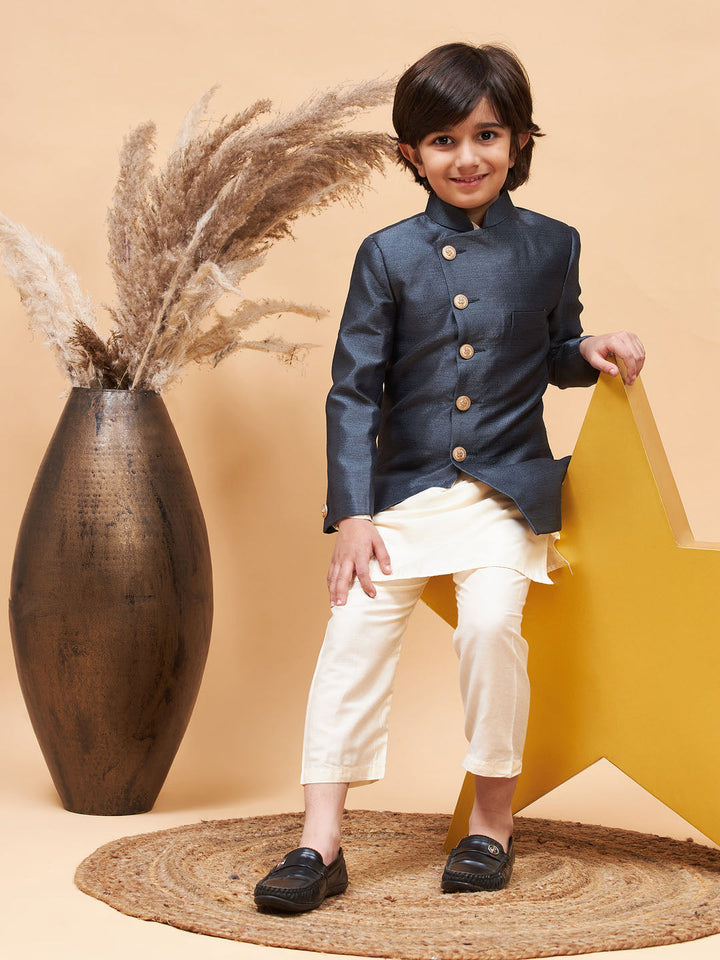 VASTRAMAY Boy's Grey Indo Western Jacket With Cream Kurta And Pyjama Set