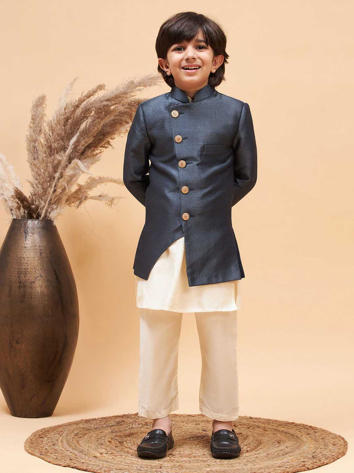 VASTRAMAY Boy's Grey Indo Western Jacket With Cream Kurta And Pyjama Set