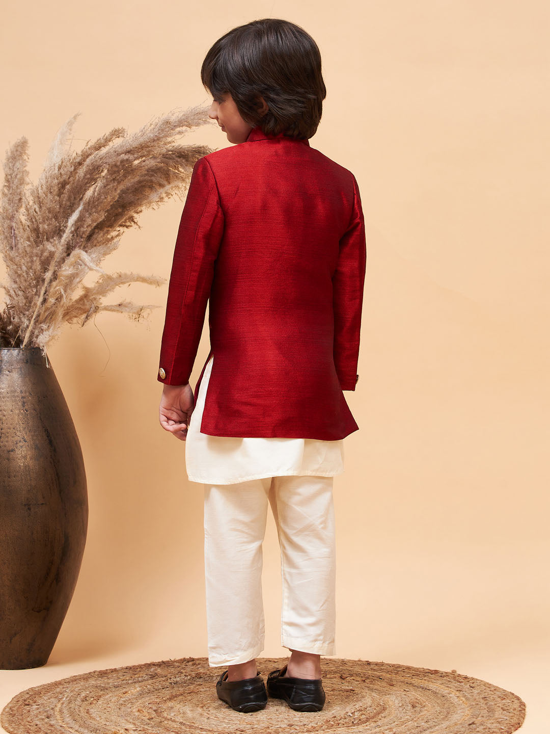 VASTRAMAY Boy's Maroon Indo Western Jacket With Cream Kurta And Pyjama Set