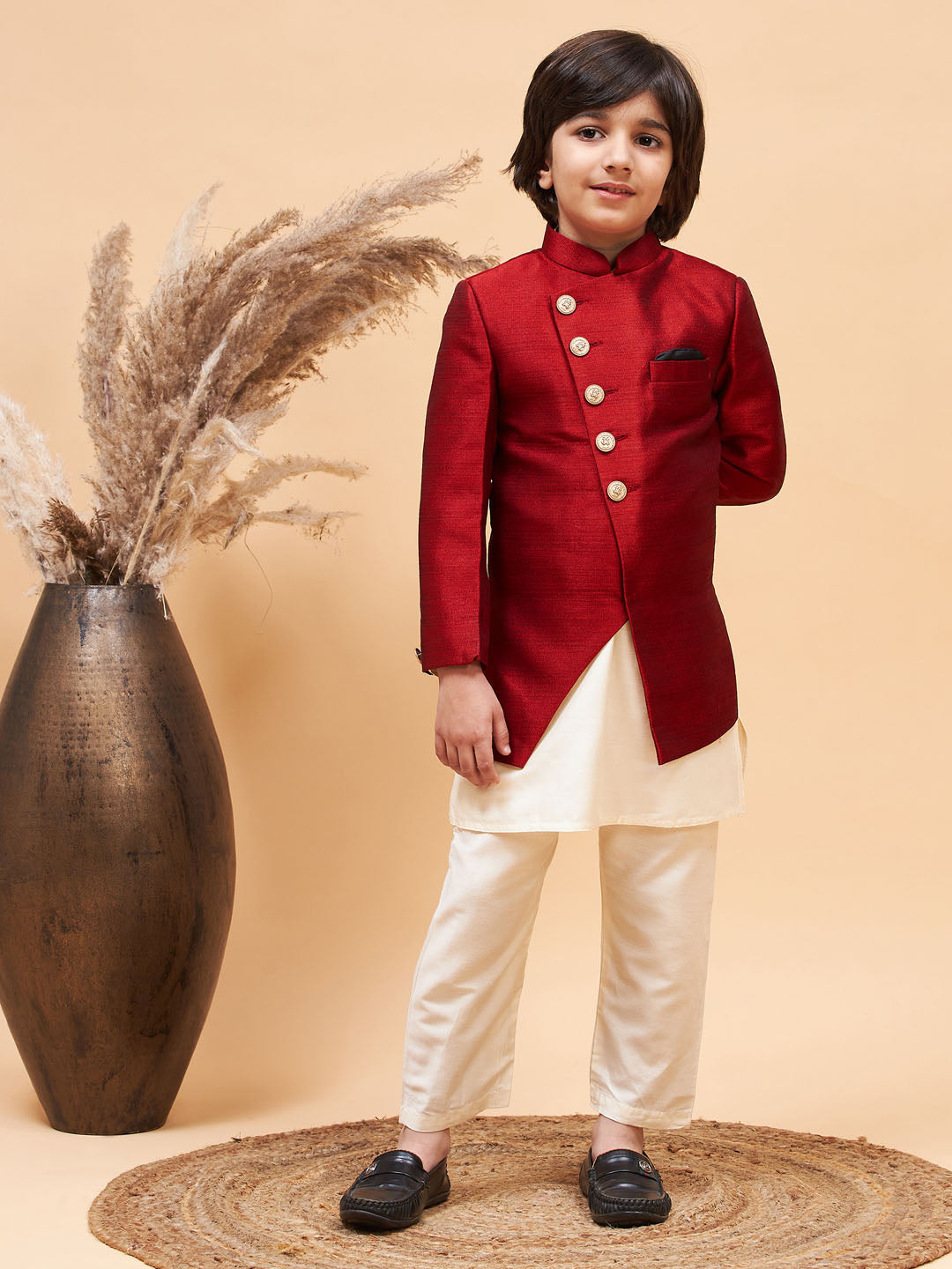 VASTRAMAY Boy's Maroon Indo Western Jacket With Cream Kurta And Pyjama Set