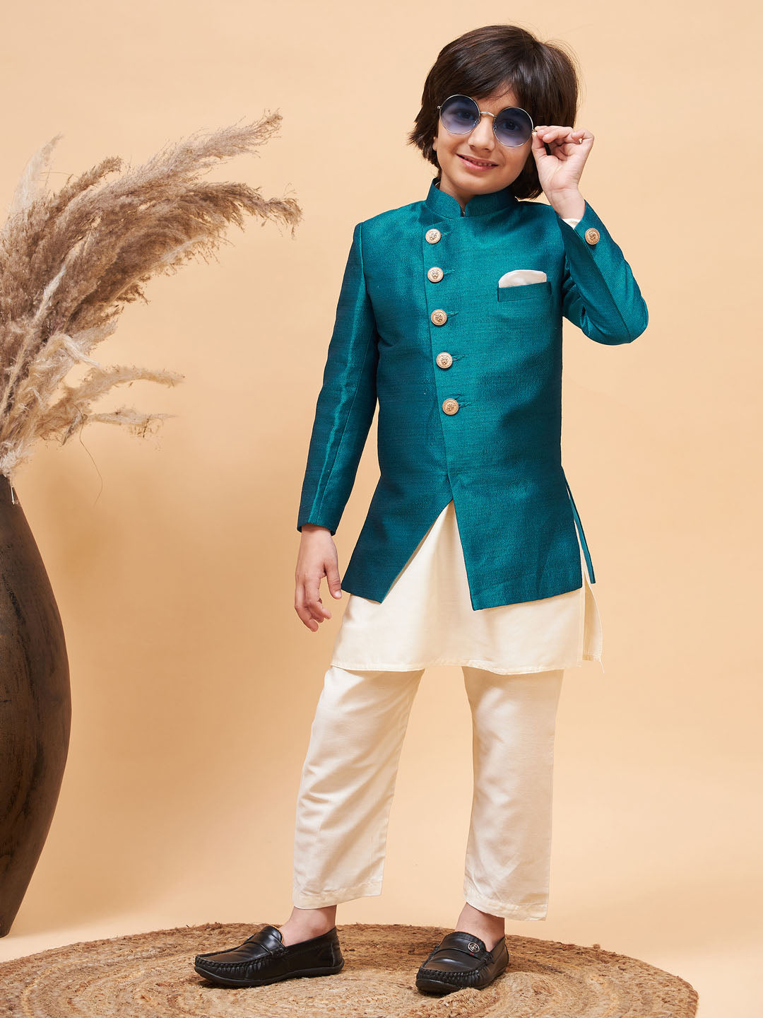 VASTRAMAY Boy's Turquoise Indo Western Jacket With Cream Kurta And Pyjama Set