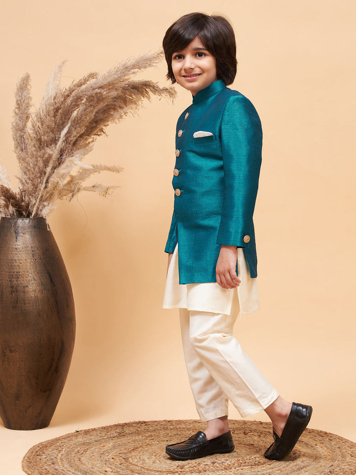 VASTRAMAY Boy's Turquoise Indo Western Jacket With Cream Kurta And Pyjama Set