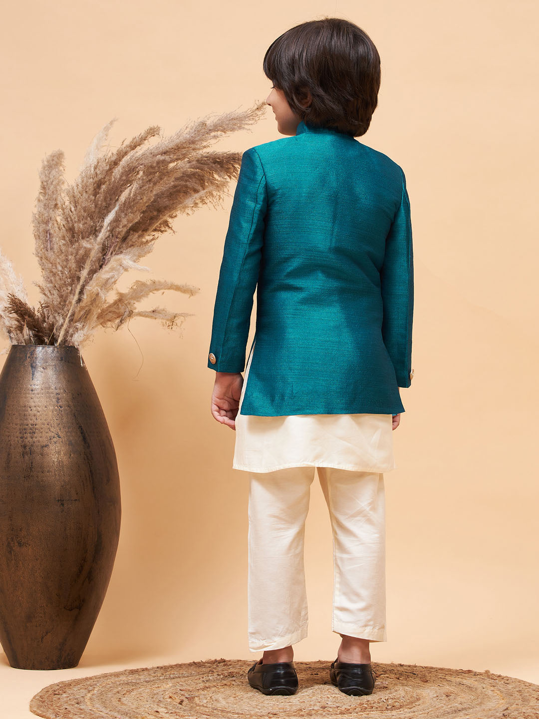 VASTRAMAY Boy's Turquoise Indo Western Jacket With Cream Kurta And Pyjama Set