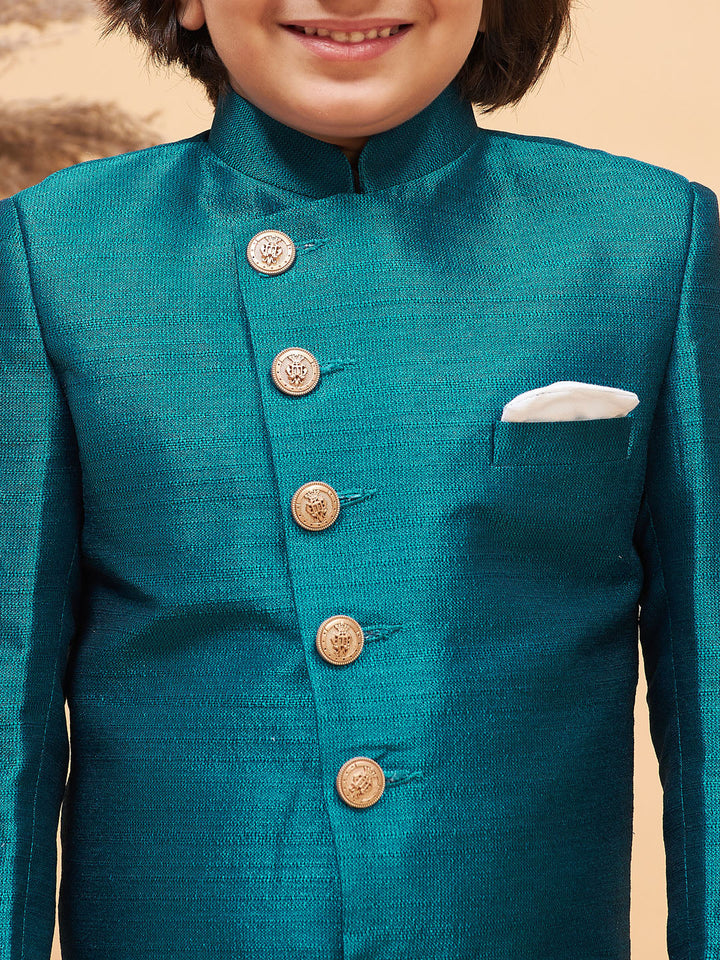 VASTRAMAY Boy's Turquoise Indo Western Jacket With Cream Kurta And Pyjama Set