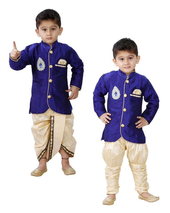 Vastramay Boys' Blue Cotton Silk Sherwani and Gold Dhoti Pants & Breedges Pants