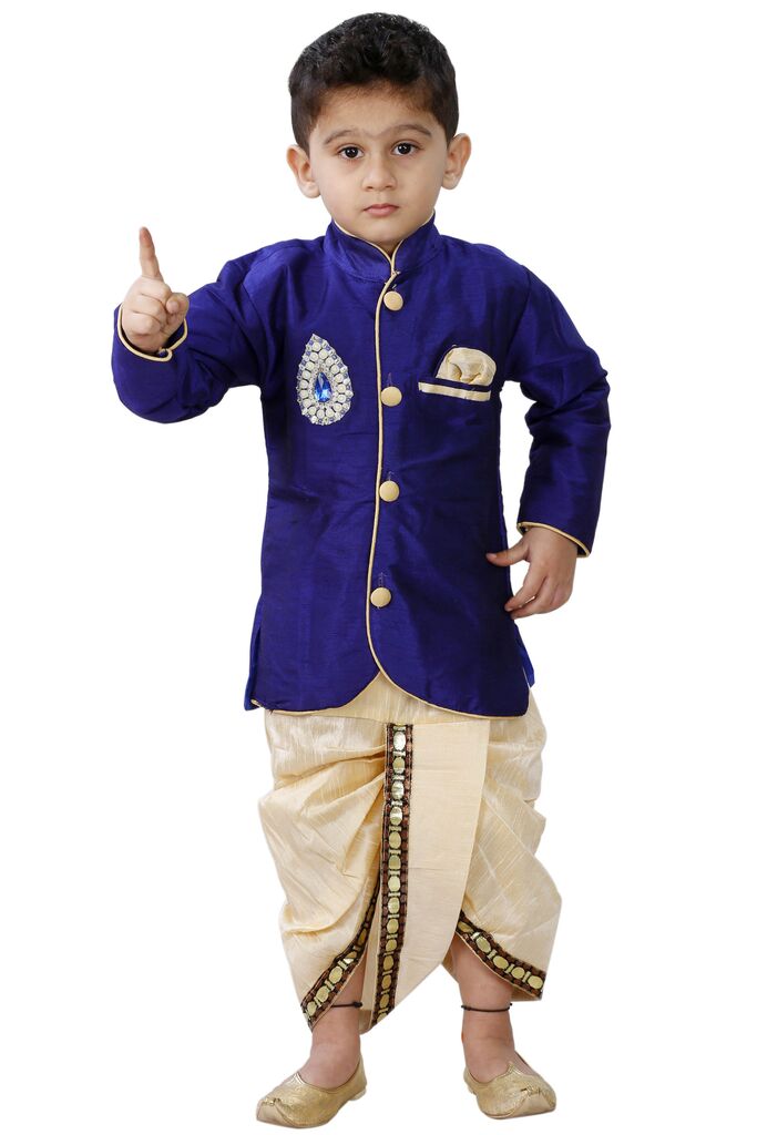 Vastramay Boys' Blue Cotton Silk Sherwani and Gold Dhoti Pants & Breedges Pants