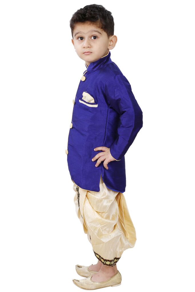 Vastramay Boys' Blue Cotton Silk Sherwani and Gold Dhoti Pants & Breedges Pants