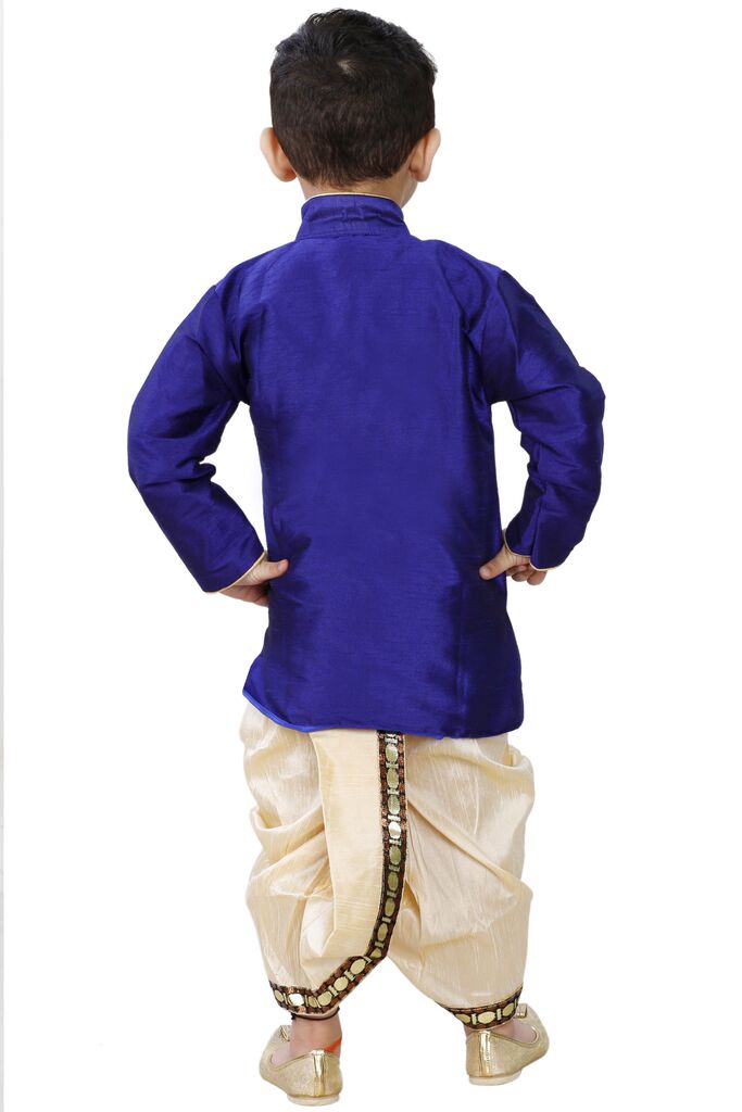 Vastramay Boys' Blue Cotton Silk Sherwani and Gold Dhoti Pants & Breedges Pants