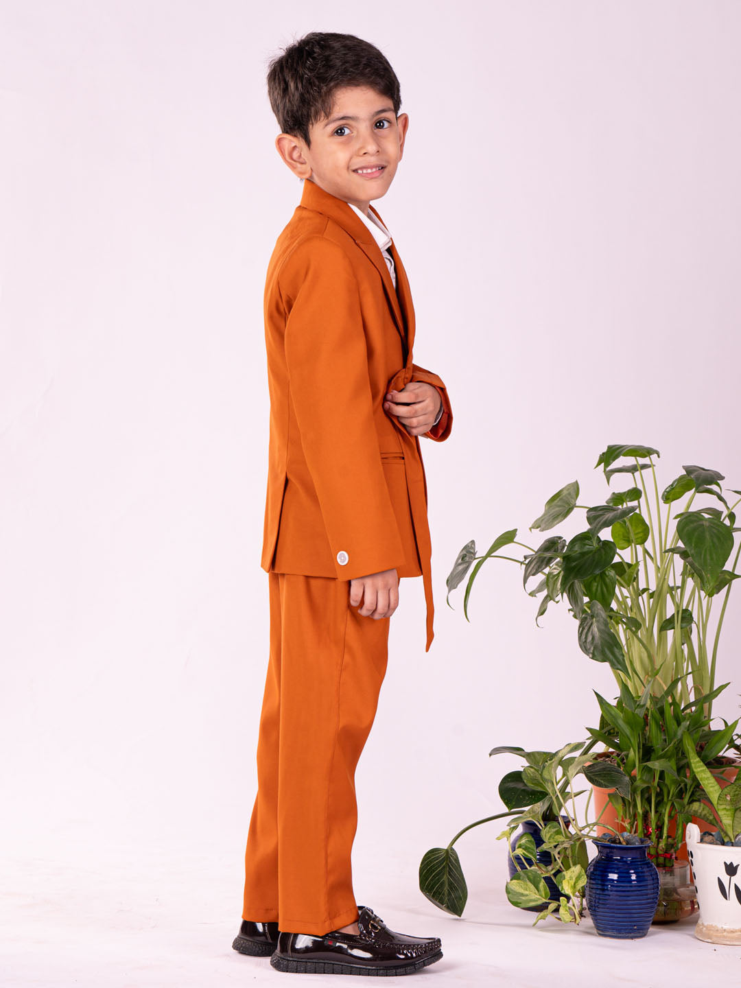 VASTRAMAY Boys' White And Orange Shirt Blazer And Pant