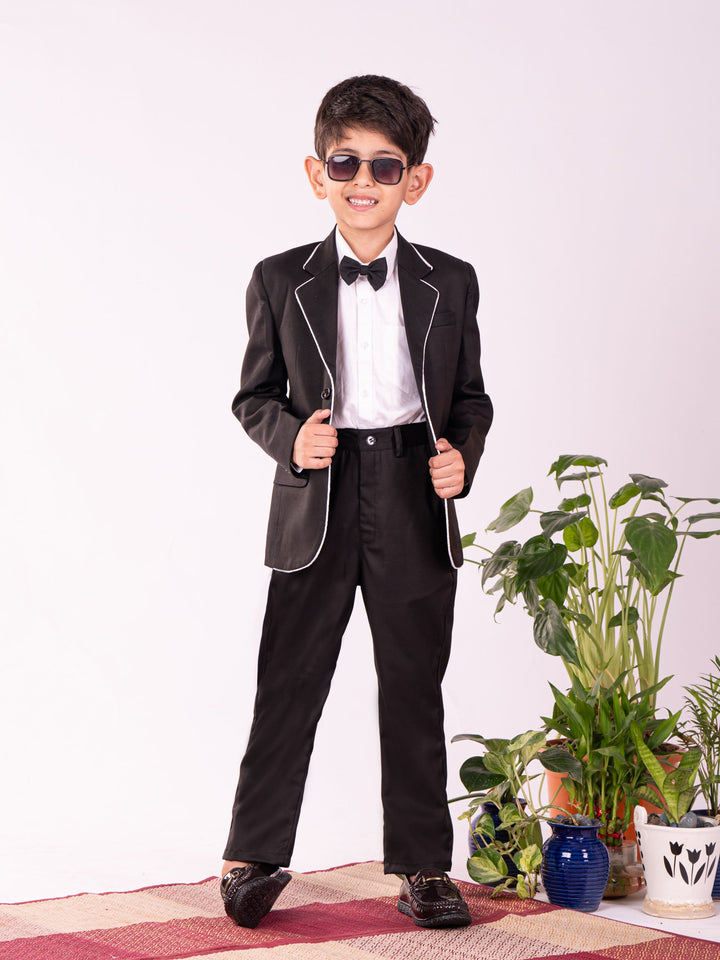 VASTRAMAY Boys' White And Black Shirt Blazer And Pant