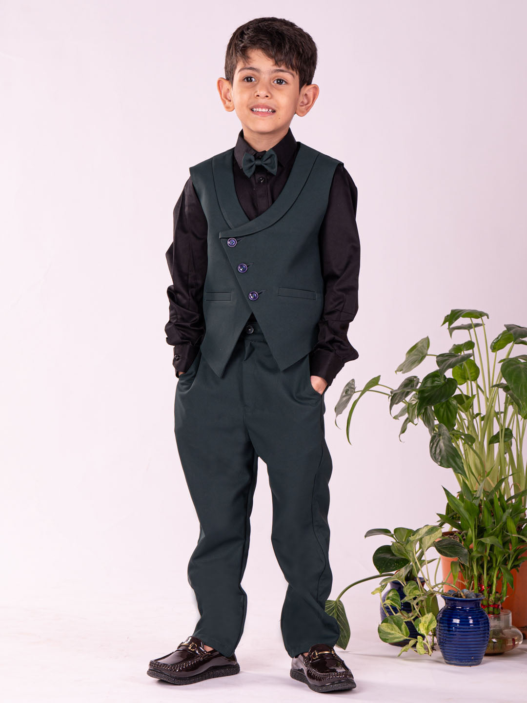 VASTRAMAY Boys' Black And Green Shirt Blazer Waist Coat And Pant