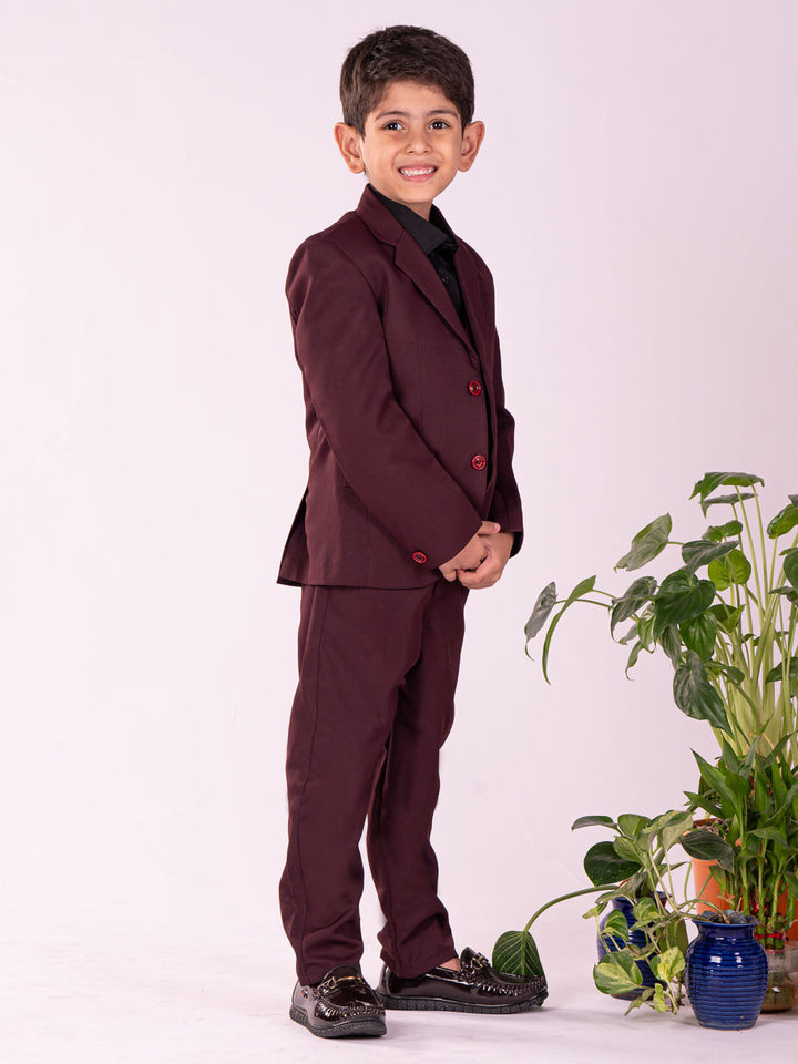 VASTRAMAY Boys' Black And Maroon Shirt Blazer Waist Coat And Pant