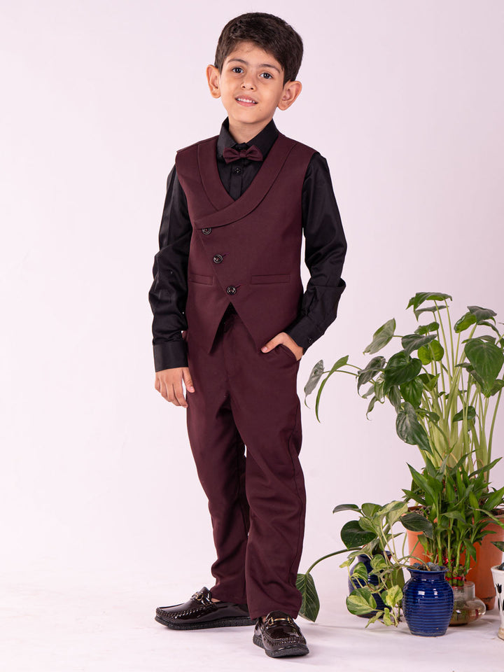 VASTRAMAY Boys' Black And Maroon Shirt Blazer Waist Coat And Pant