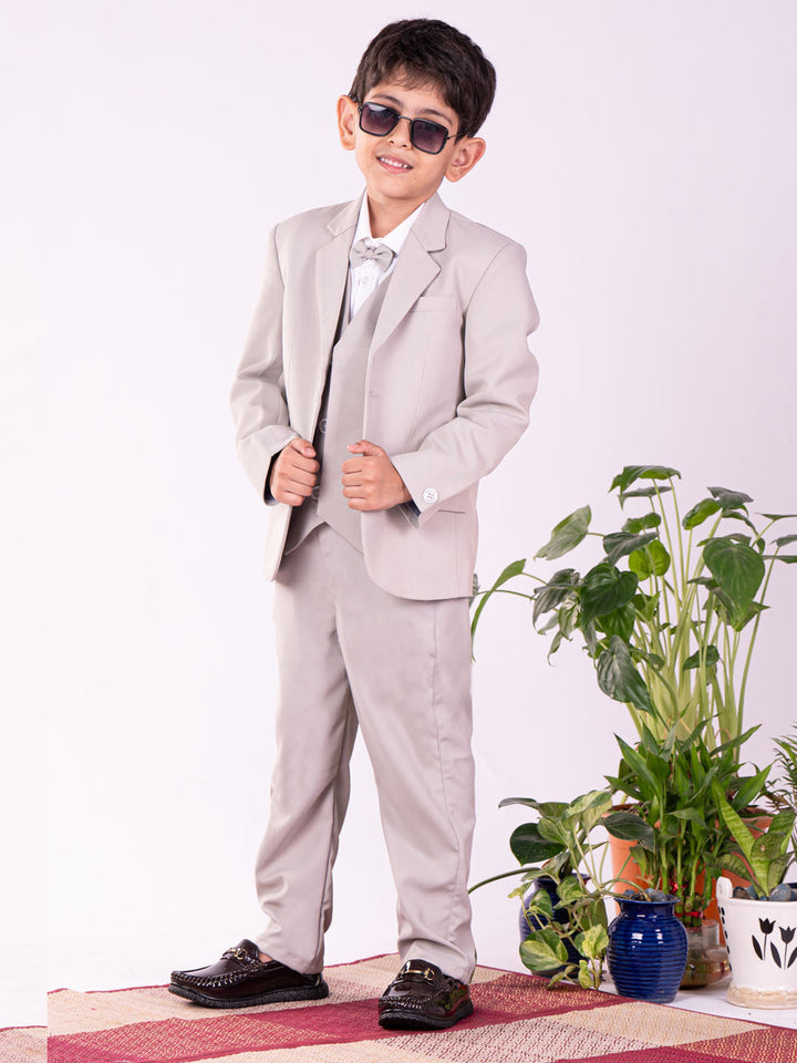 VASTRAMAY Boys' White And Gray Shirt Blazer Waist Coat And Pant