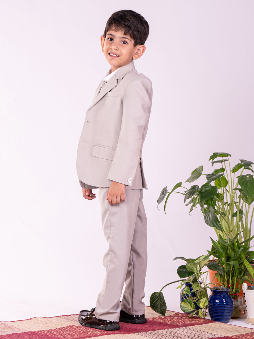 VASTRAMAY Boys' White And Gray Shirt Blazer Waist Coat And Pant