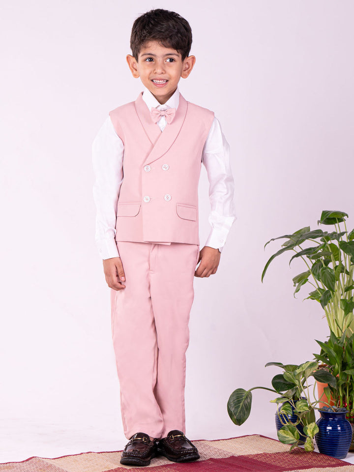 VASTRAMAY Boys' White And Pink Shirt Blazer Waist Coat And Pant