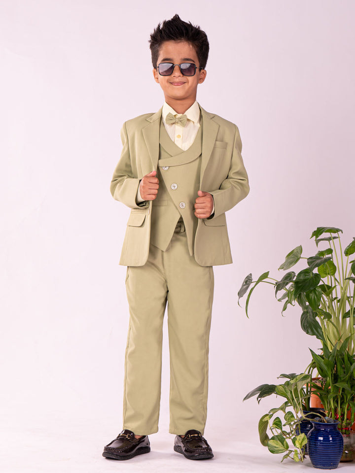 VASTRAMAY Boys' Black And Mint Green Shirt Blazer Waist Coat And Pant